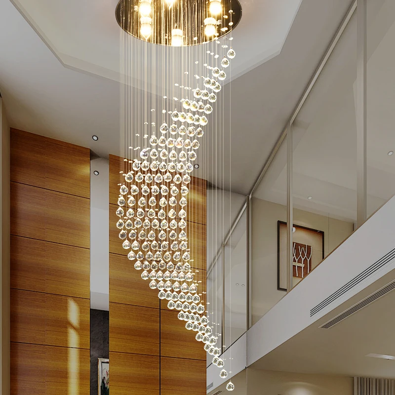 Modern Custom Large Long Staircase Lighting Led Ball Pendant Lamp Raindrop Spiral Crystal Chain Chandelier For Hotel And Home