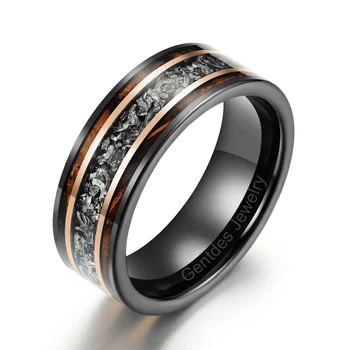 Gentdes Jewelry Wholesale Custom Two-tone Black Tungsten Carbide Wedding Ring Real Meteorite Ring Engagement Band Wooden Rings