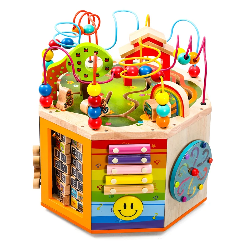 High Grade Multifunction 8 Sides Busy Board Box Educational Musical Toys 3D Around Bead Wooden Maze