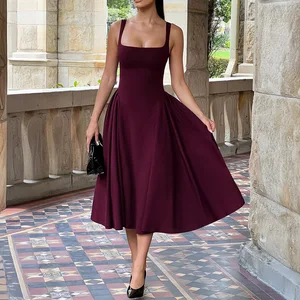 Wholesale New Design Ladies Midi Beach Dress Customize Burgundy Halter Summer Dress for Women