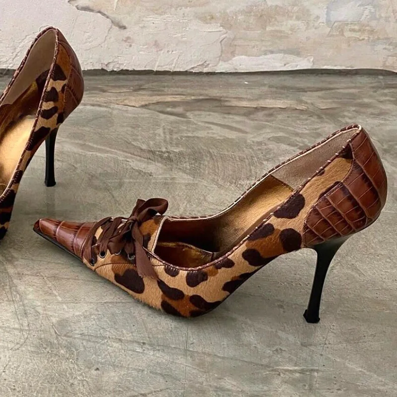 2024 Women Latest Pointed Toe Stiletto Pumps Leopard Animal Print Shoes Lace Up Design Ladies High Heel Shoes - Image 3