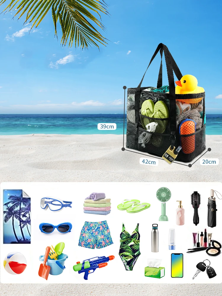 Multiple Lightweight Pockets High Quality Foldable Black Mesh Beach Bag Summer Swimming Beach Tote Bag for Vacation