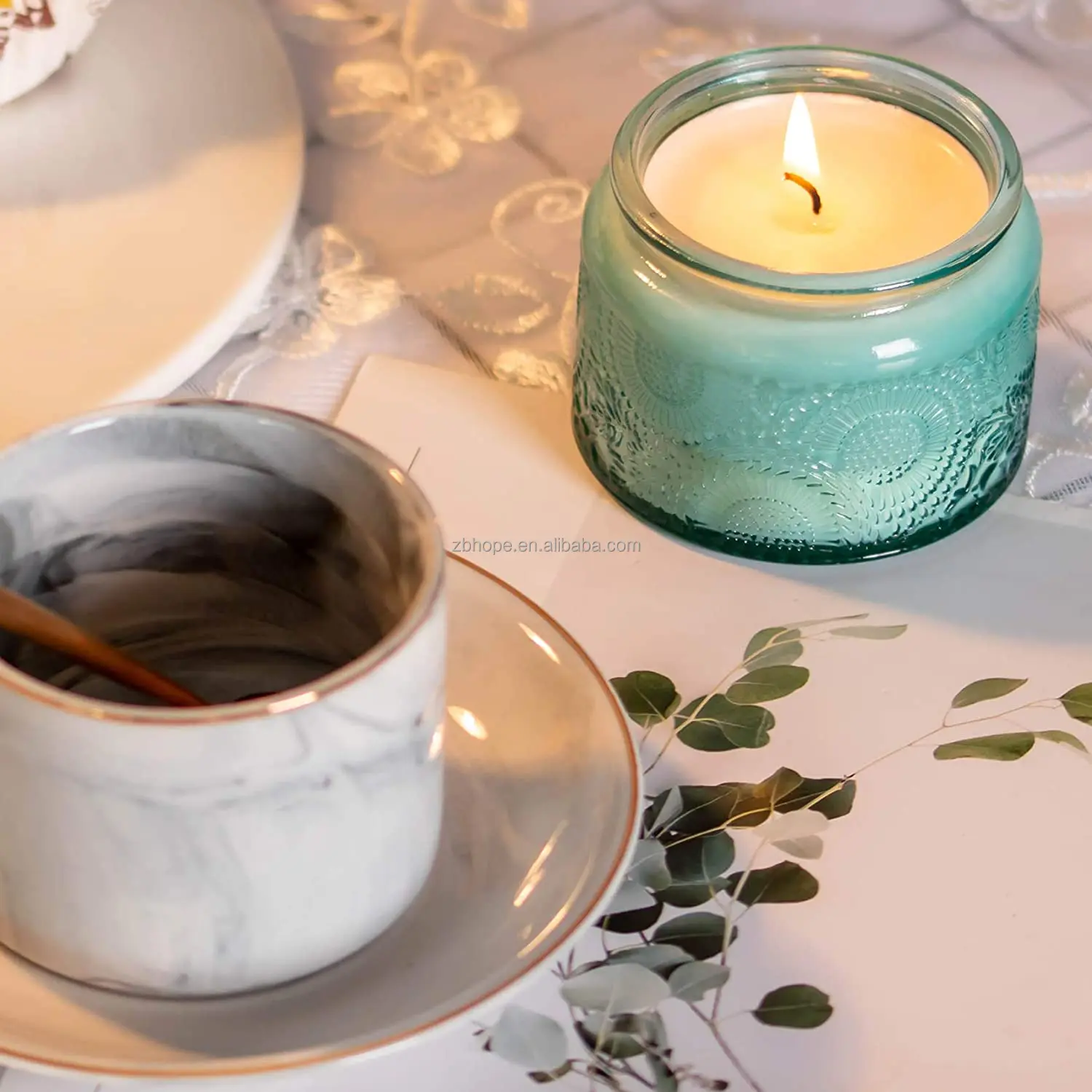 Blue Glass Candle Jar Round Container With Lid For Party Home