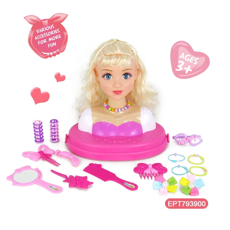 EPT Plastic Dressing Pretend Play Hairdressing Accessories Girls Toy Doll Head Set With Hair