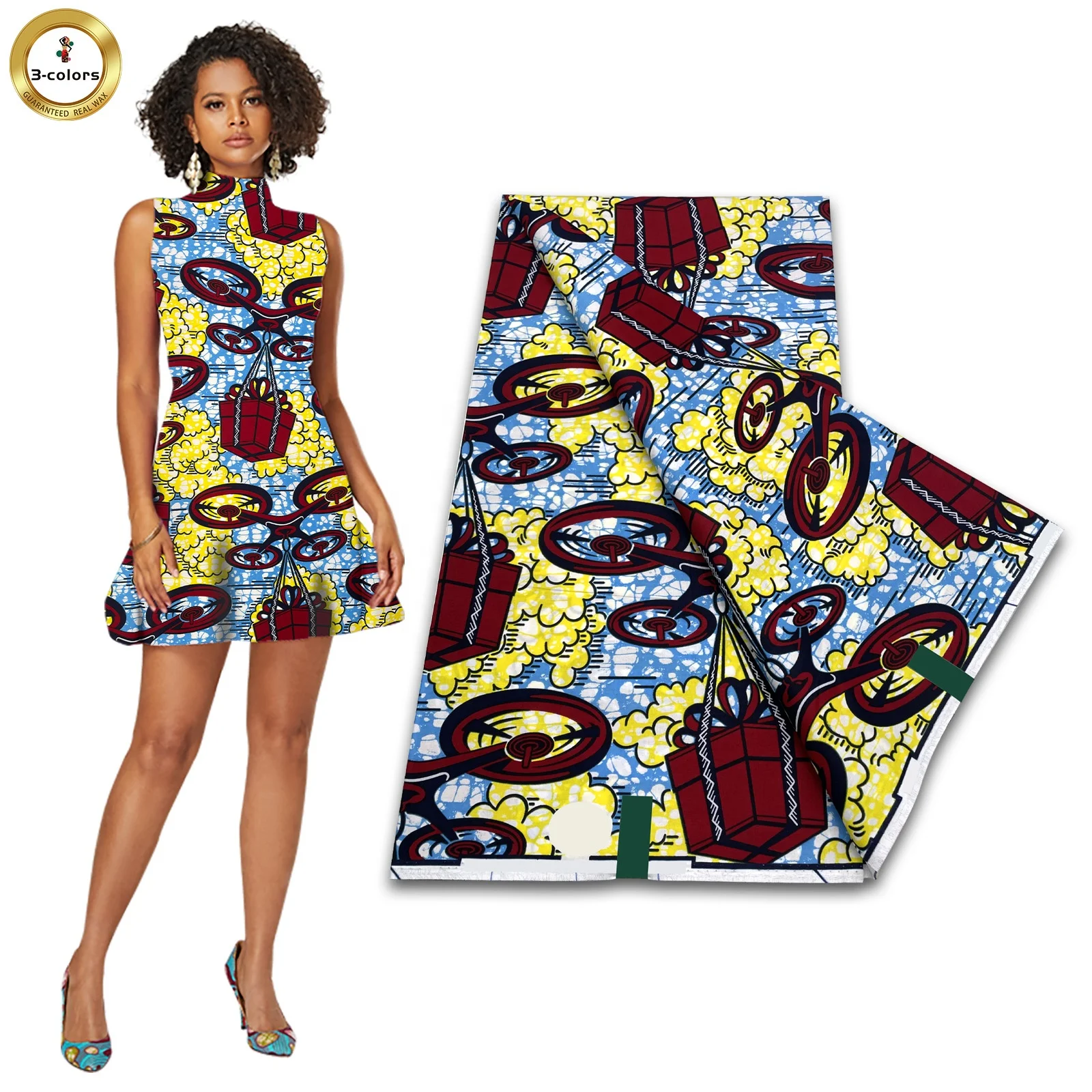 Tissu Wax Africain Ankara 100% Coton - Imprimé Cire Coloré Vert/rouge, Double Face - Vendu Au Mètre (largeur 115 Cm)