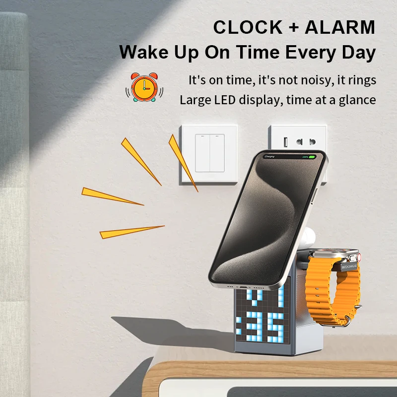High End Multifunction BT5.3 Speaker Alarm Clock Pixel Animation 6 in 1 Magnetic Wireless Charger for Phone Smart Watch Earphone