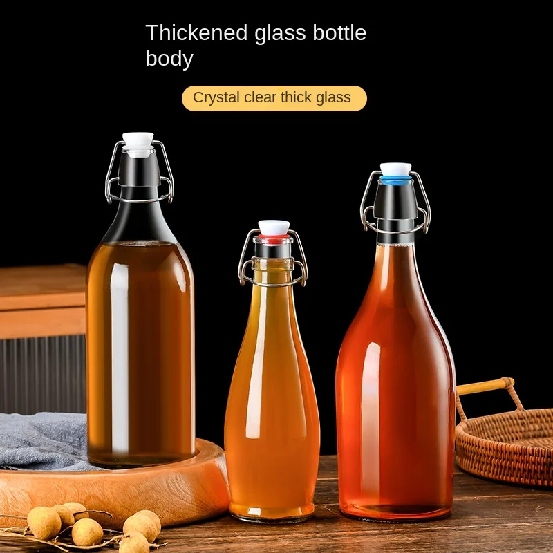 Transparent 750ml Glass Bottle with White Square Buckle for Packaging Homemade Wine Fruit Wine Juice Enzyme round Empty Design