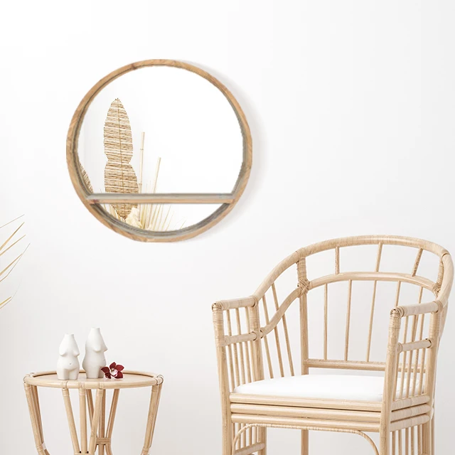 Mdf Frame Round Home Decorative Wall Mirror with Shelf Design Rustic Wood Home Decor Wall Mirror