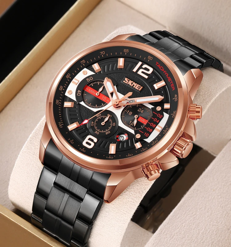 Skmei 9332 High Quality Custom Logo Men Quartz Watch Best Stainless Steel Band 3 Dials Chronograph Storage Business Watch Factor