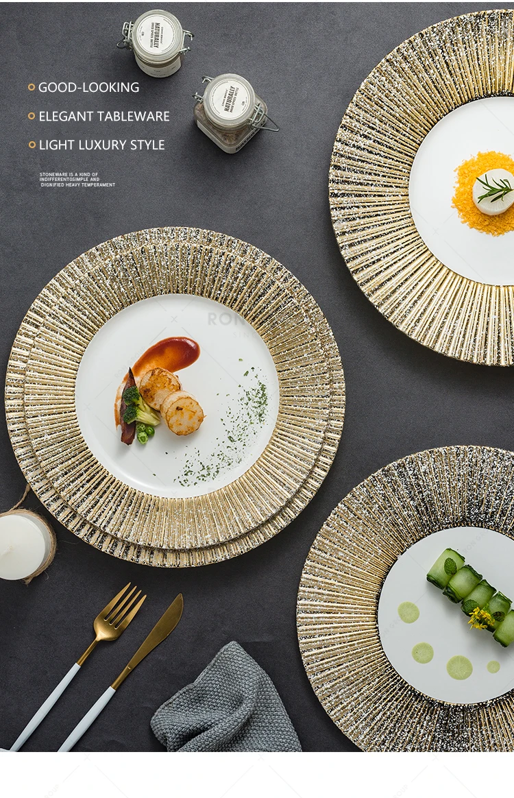 High quality new style restaurant wedding banquet gold rim white dinner porcelain ceramic plates sets dinnerware modern