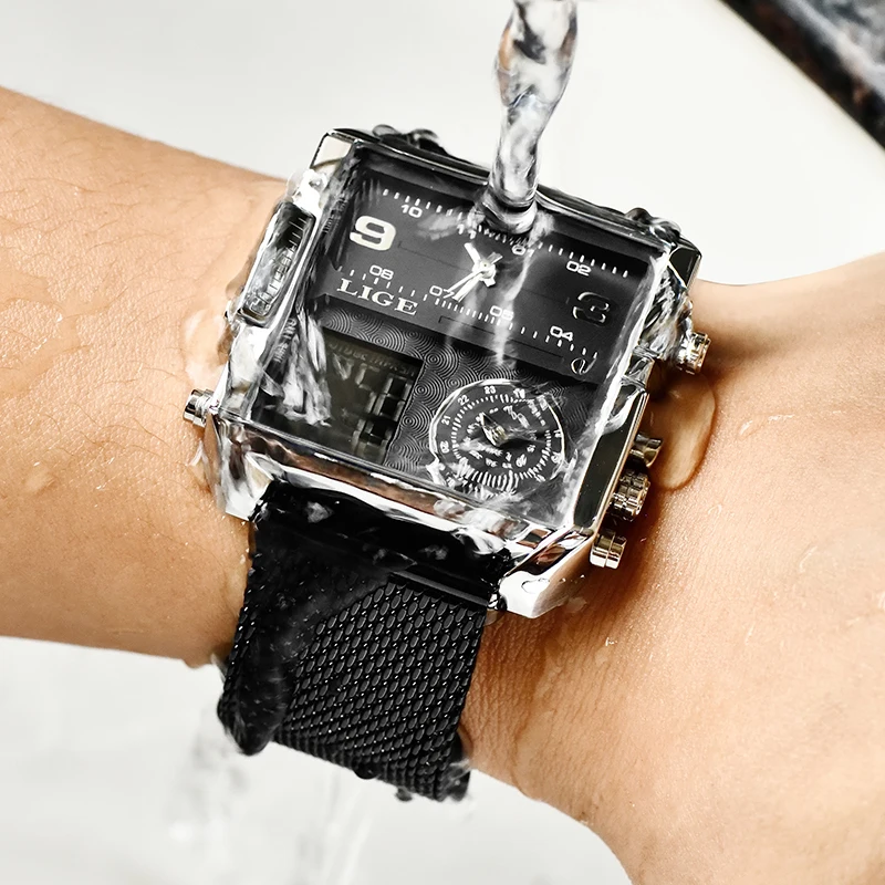LIGE LG8925 Wholesale Price Watch for Men Waterproof Black Steel Mesh Wristwatch Quartz Analog Digital Watch Custom Logo OEM