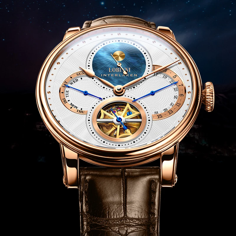 Lobinni 16015 Men's Brown Leather Skeleton Watch - Automatic