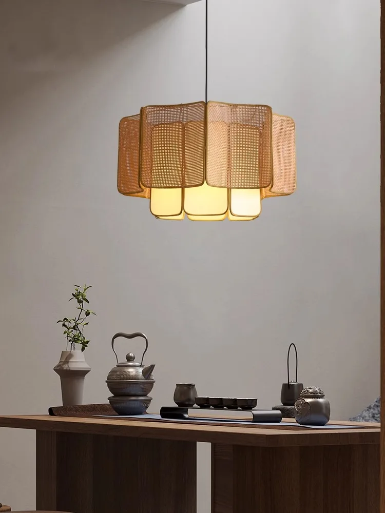 Japanese Wabi-sabi Style Creative Cloud Stone Design Rattan Woven Pendant Light Zen Living Room Restaurant Chandelier for Home