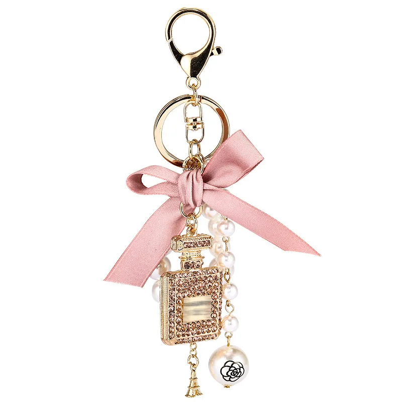 SKAIJEWEL Perfume Bottle Rhinestone Keychain Bow-Knot Pearl Cute Handbag  Key Chain Personalized Key ring Golden for Women Girls Car Creative Gift