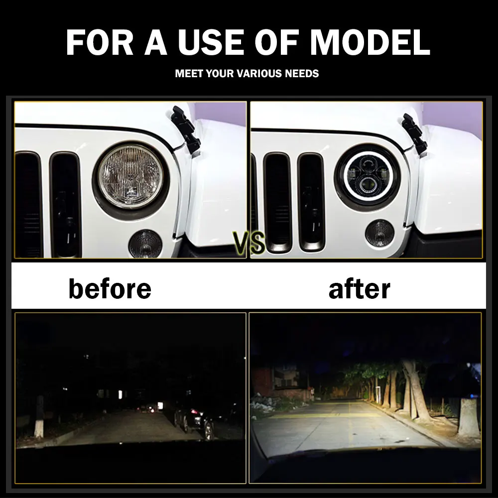 IP68 DOT E9 DRL Angle Eye Amber Turn Light Moto Motorbike 72W 50W 24V 12V Round 7 Inch Led Headlight for Motorcycle