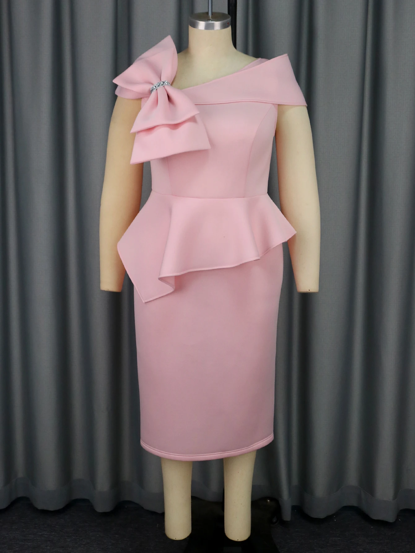 Summer Sleeveless Asymmetrical Collar Ruffle Big Bow Bridesmaid Dress