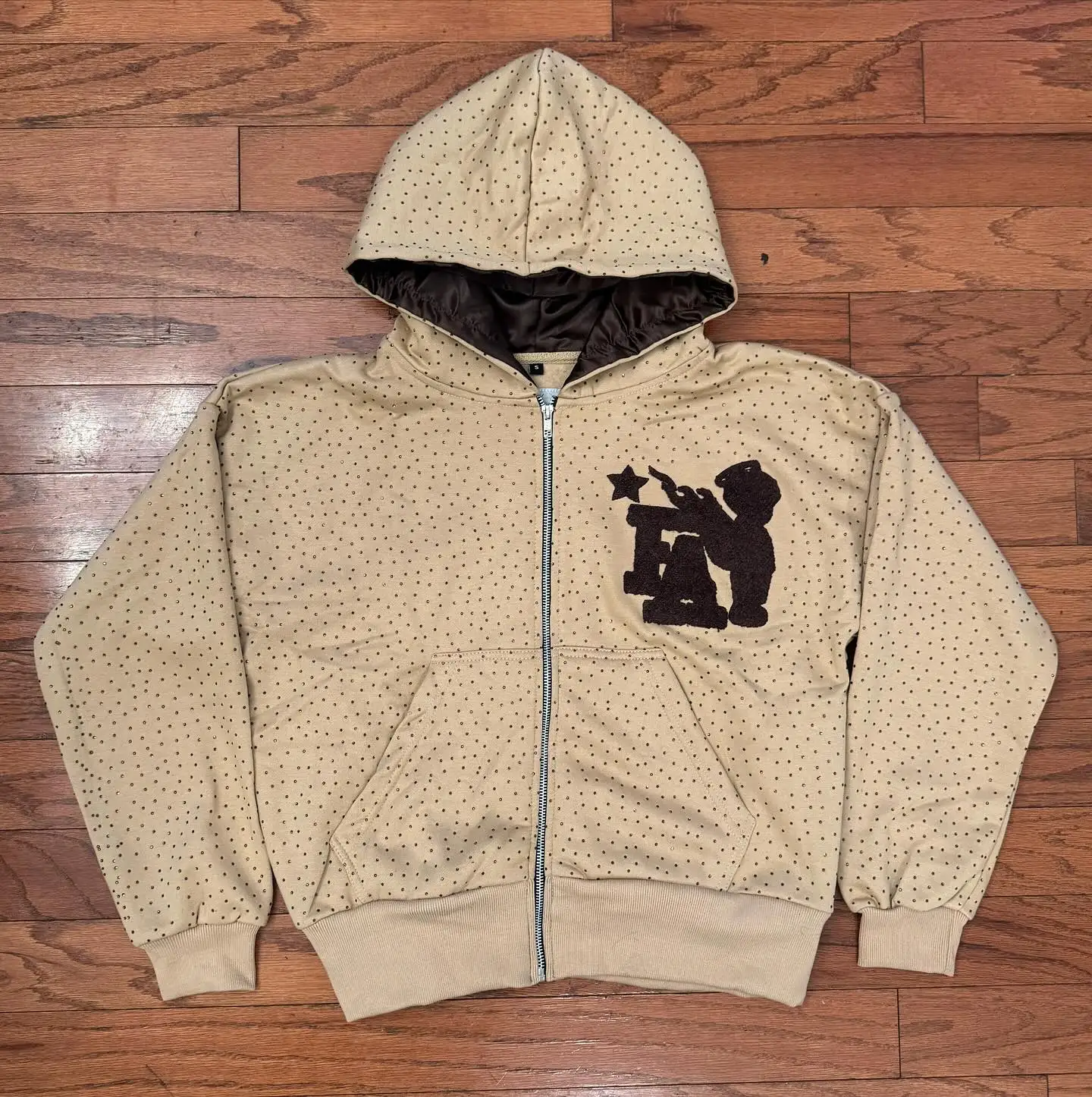 Custom Hoddie Manufacturer Men Oversized Zip up Heavy Crystal Silk Hood Chenille Embroidery Satin Lined Rhinestone Hoodie Unisex gallery 3