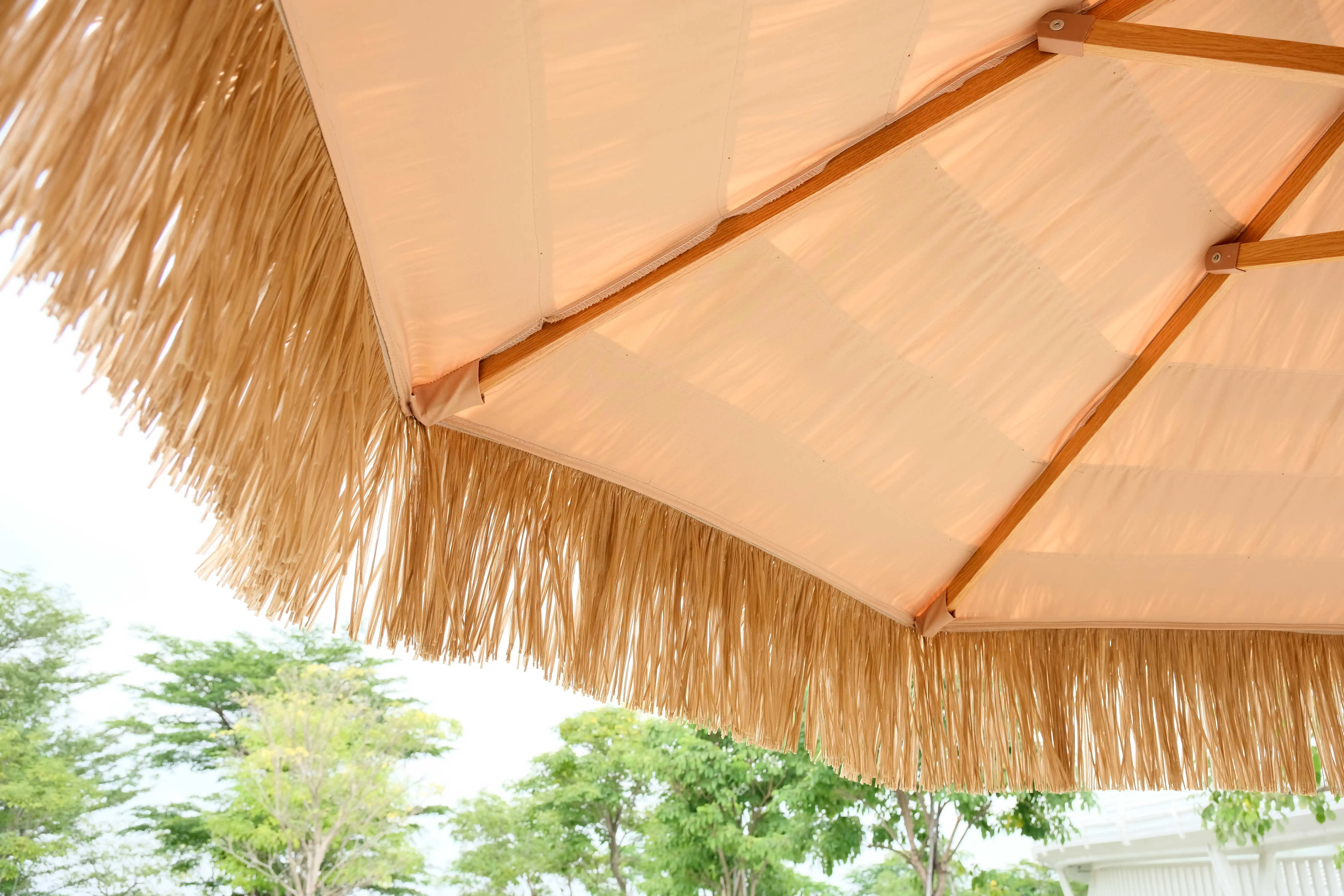 hut patio umbrella Ainfox 15ft Large Thatched Tiki with Stand and Sandbags, Outdoor Heavy-Duty Double-Sided Rectangle Market Umbrella for Garden, Deck, sewn on top of the premium COSIEST 9FT/10FT Tiki Patio Umbrella,Adjustable