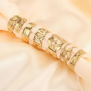 Open Cuff Ring Adjustable Size 18K Gold Plating Stainless Steel Ring Wholesale Bulk Mixed Fashion Leaf Geometric Stylish Jewelry