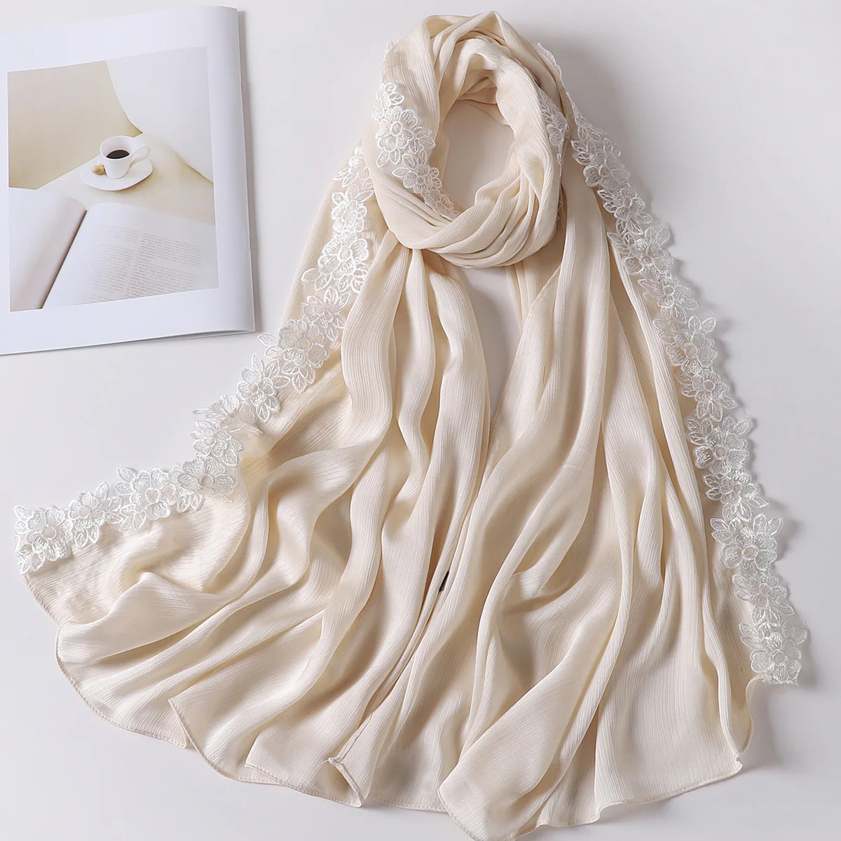 High Quality Silk Crepe Hijab Scarf New Design Crinkle Embroidery