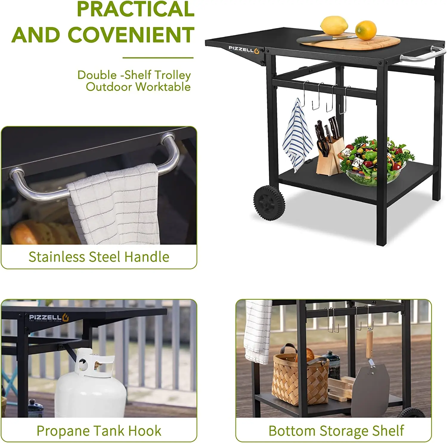 Pizzello Outdoor Grill Dining Cart Movable Pizza Oven Trolley Bbq Stand