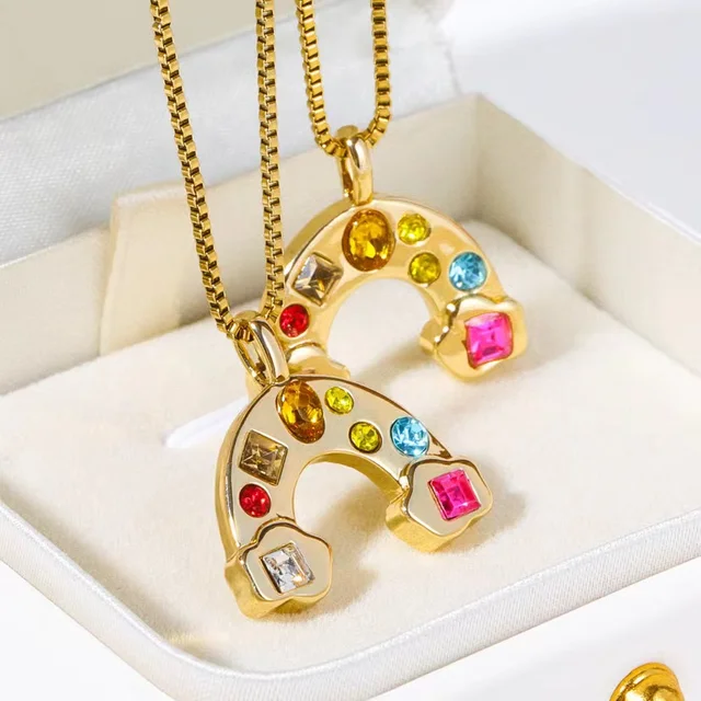 NEWEST gold chain necklace fashion 18k gold plated copper necklace rhinestone rainbow cross pendant necklace wholesale for girls
