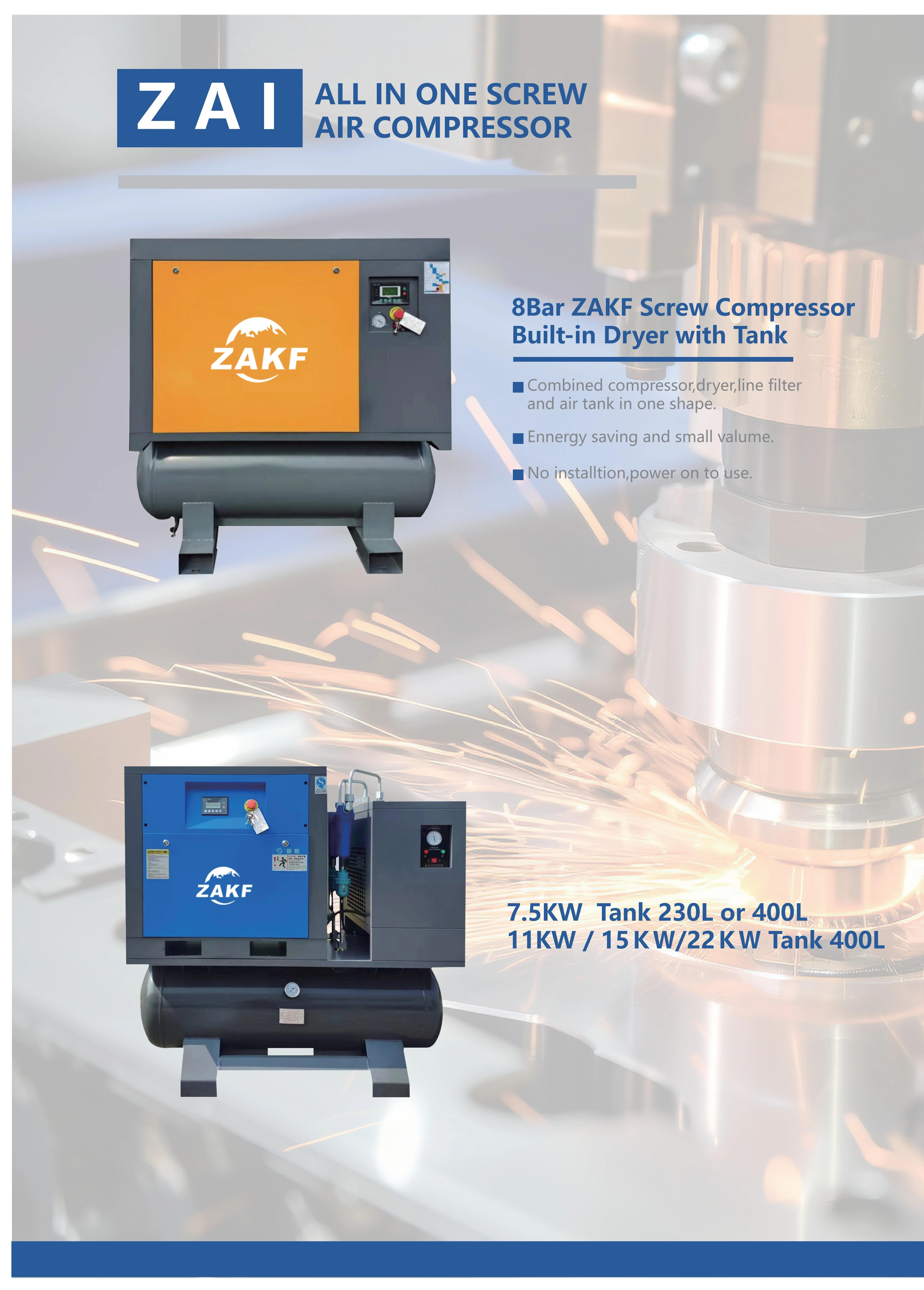 Zneb Compressor ZAKF 20HP 10bar 380V50HZ3phase 4in1 Screw air Compressor for CNC Plasma ...