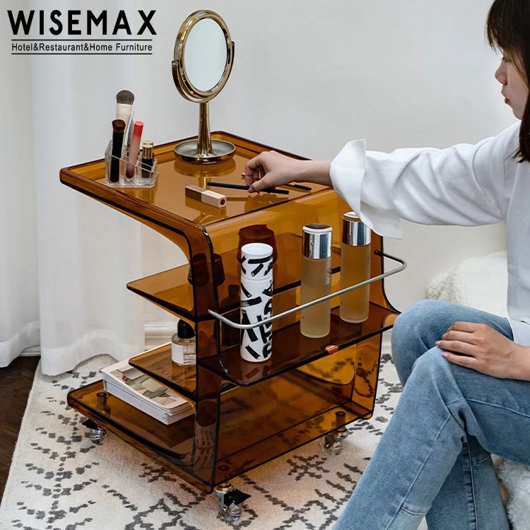 WISEMAX FURNITURE Nordic Living Room Furniture C Shape White Side Table Plastic Frame 4 Layers Coffee Table with Wheel