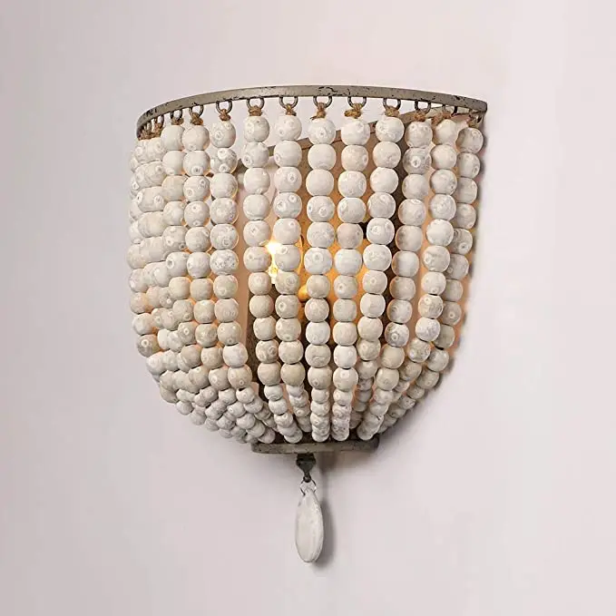 Lampada da parete vintage bohémien con perline di legno, grigio blu, stile americano, per corridoio casa, comodino, luce LED per soggiorno, villa, homestay