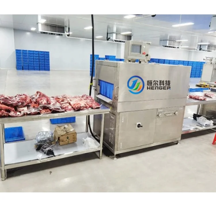 Meat Production Processing Line Hot Water Shrinking Cooling Packaging Line With Weighing Labeling Printer