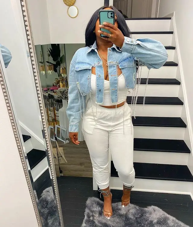 Solid Color Chain Denim Trench Coat,Denim