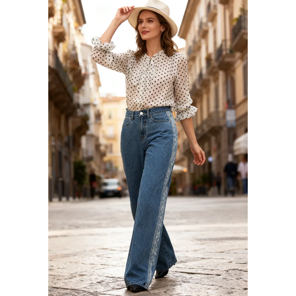 Stylish Women's Patchwork Denim Jeans High Waist Loose Side Stripe Jeans Casual Fashion Pants