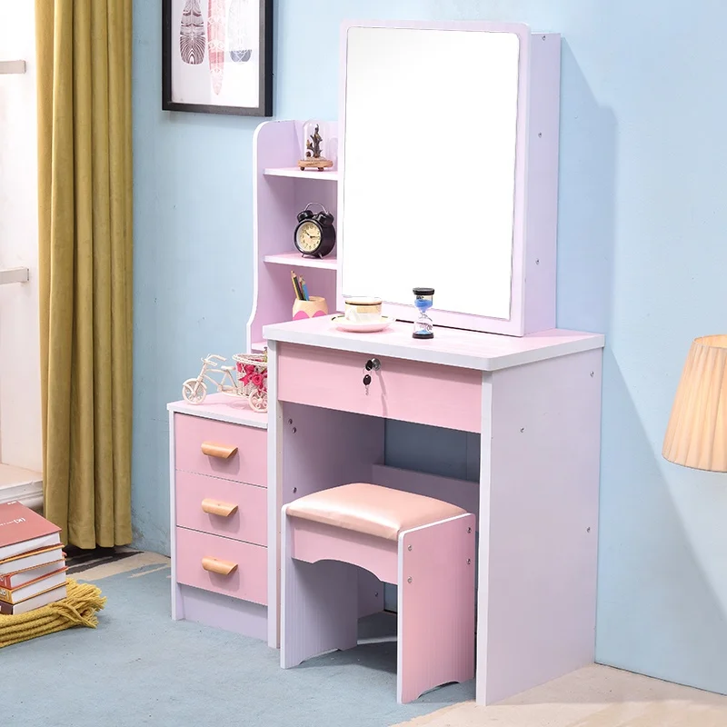 Home Furniture Women New Model Elegant pink Rectangle Mirror Dresser Table for Bedroom with Low Stool