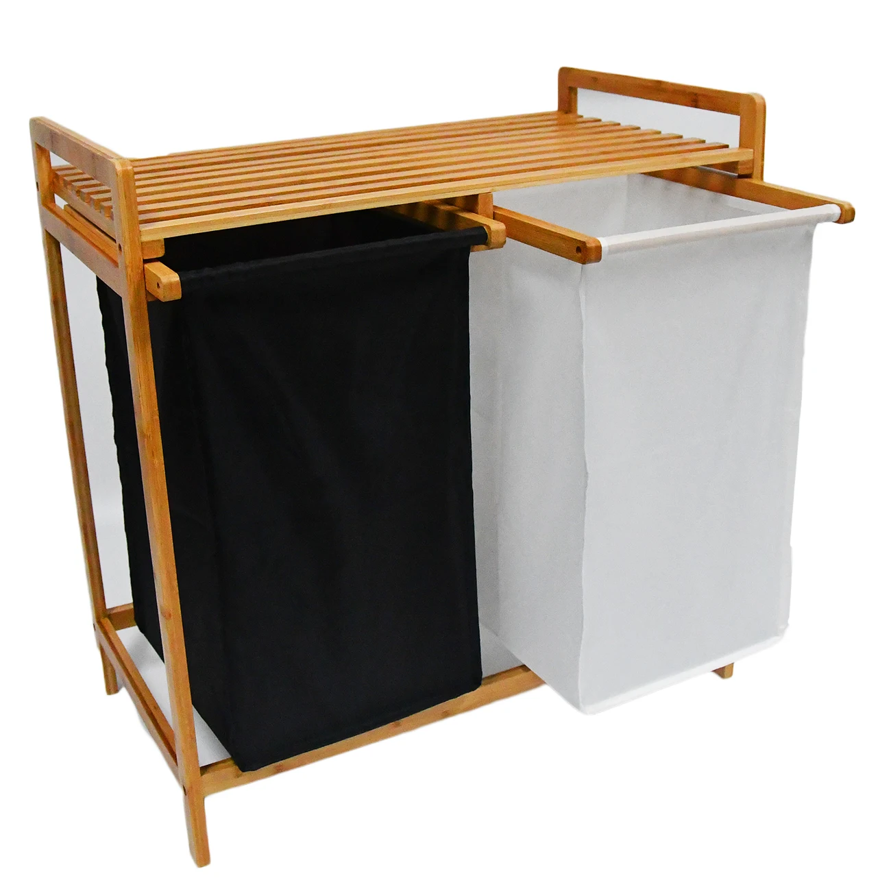 ランドリーバッグ　2バッグ　天然竹製　高級感　頑丈 竹製ランドリーハンパーと棚、取り外し可能なバッグ付きデュアル