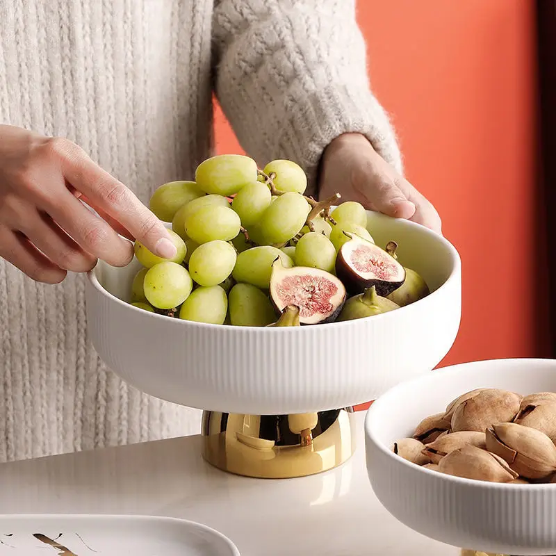 European Style Luxury Ceramic Fruit Plate Snacks Compote Candy Dish Creative Gold Plated Colored Buffet Use High Foot Salad Bowl