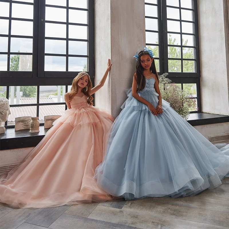 Robe Fille Velours Avec Tulle - Manches Longues - Pour Noël, Mariage, Anniversaire - Tailles 2 à 7 Ans