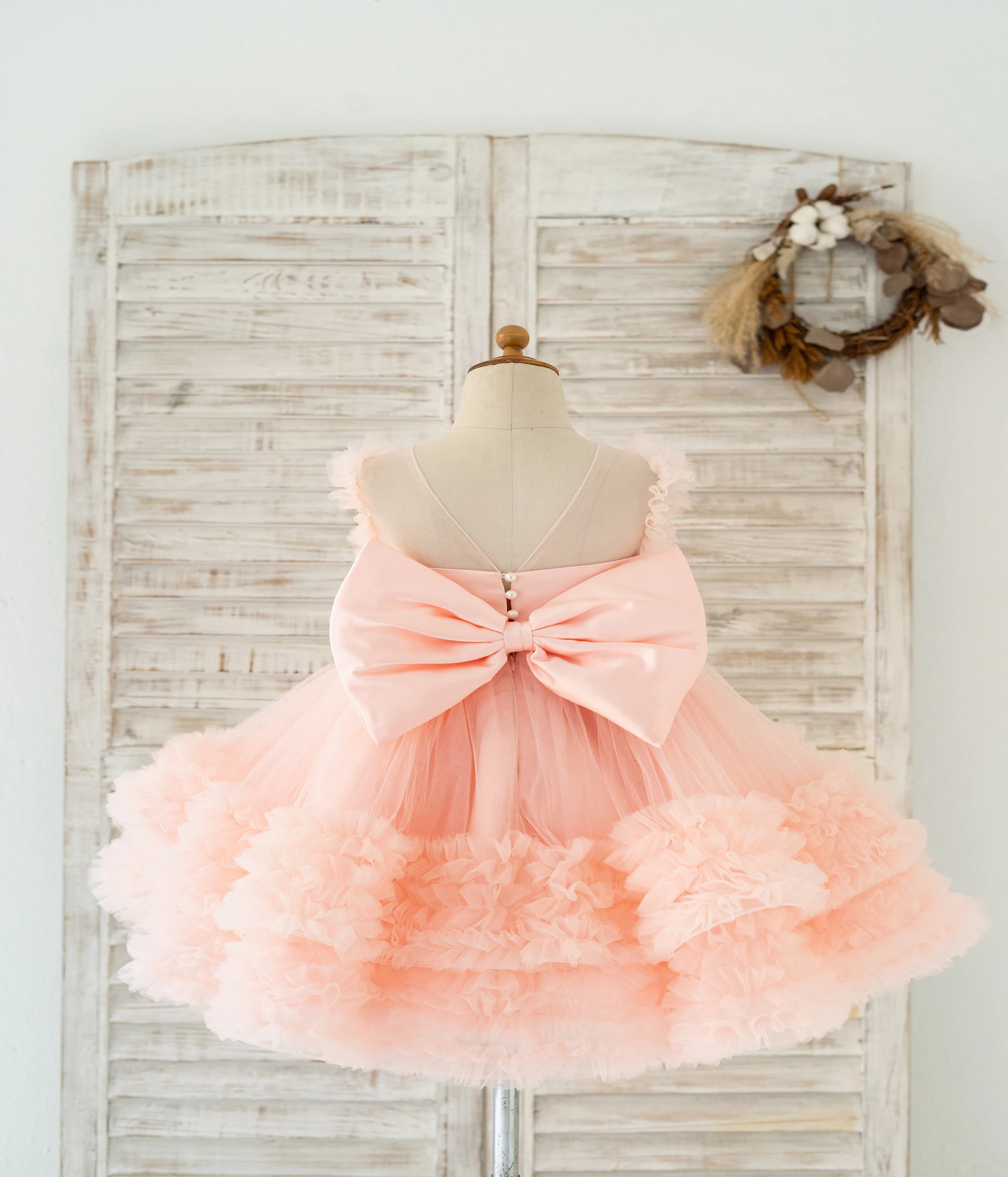 Pearl Beaded Blush Pink Ruffle Tulle Wedding Dress for Kids