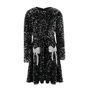 Customizable Preppy Style Girls Winter Dress O-Neck Collar Sequin Lace Decoration Print Kids Clothing