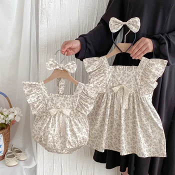 2025 Summer New Style Girls Sweet Baby Rompers Cute Jumpsuits Floral Princess Skirt Plaid Flower Sisters Outfits