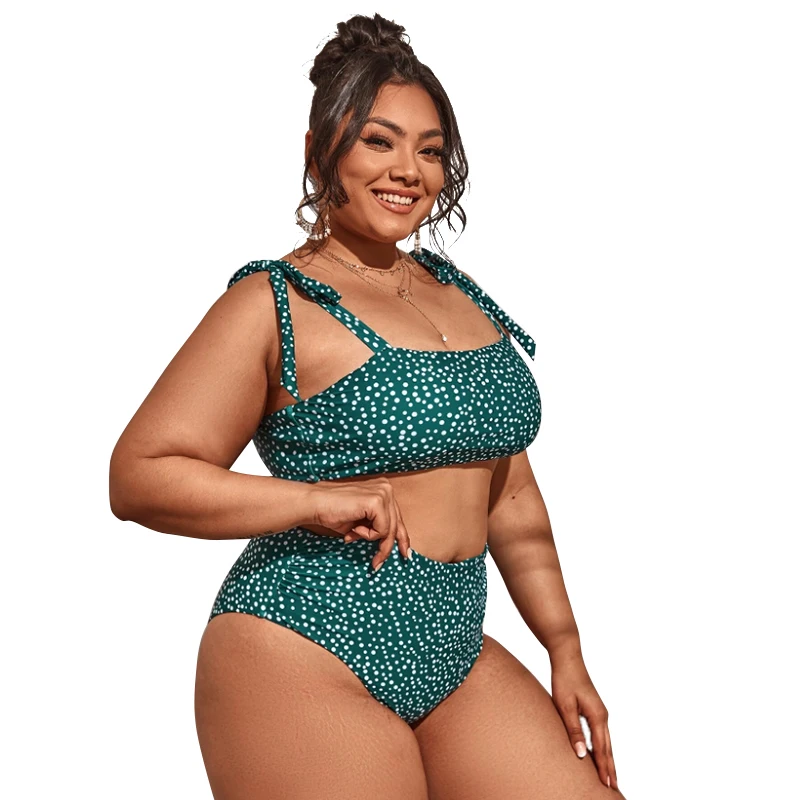 Plus Size Women Dot Green Vintage Bikini Tie Straps High Waisted Women Recycled Nylon Ladies Bathing Suit