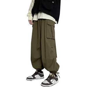 Mens Casual Drawstring Cinch Bottom Canvas Cargo Pants Lace Loose Pleated Front Eco-Friendly Multi Pocket Trendy Pants
