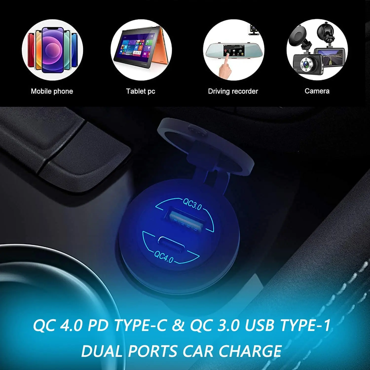 12V USB Outlet Quick Charge 4.0 PD Type C Quick Charge 3.0 USB Charger Socket 12V/24V USB C Outlet Car Power Socket for Car