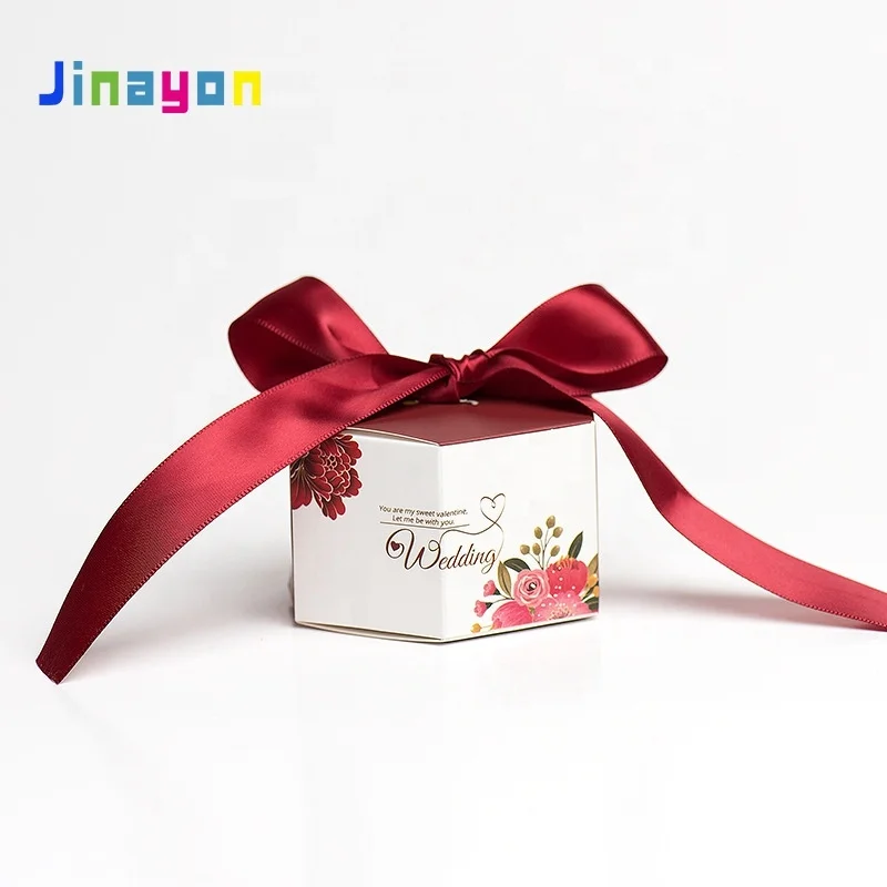 Caja hexagonal personalizada de alta calidad con diseño de nudo mariposa y relieve, caja regalo para azúcar y caramelos, ideal para bodas; productos de papel de calidad para alimentos