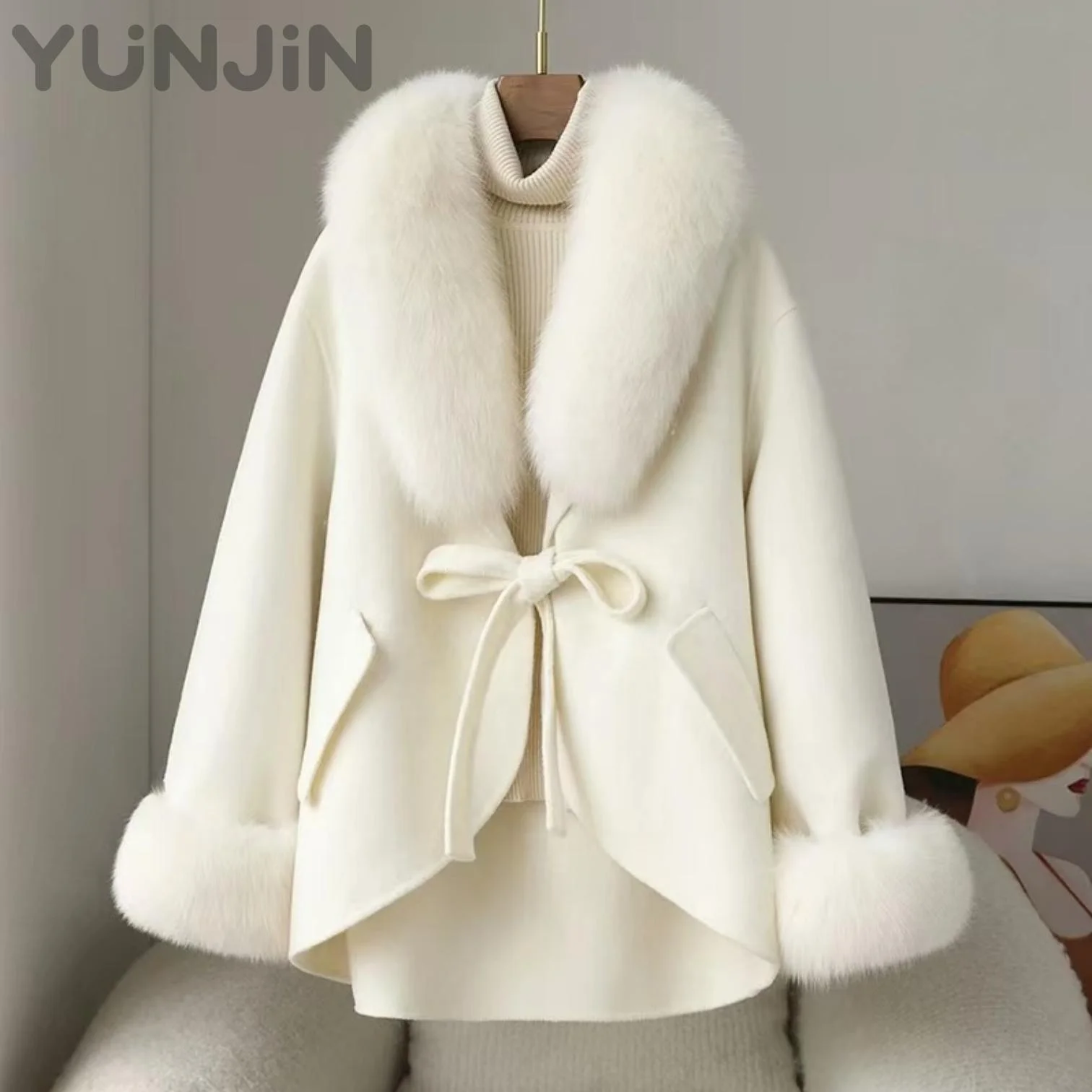 Luxury Women Double Face Wool Overcoat Genuine Fox
