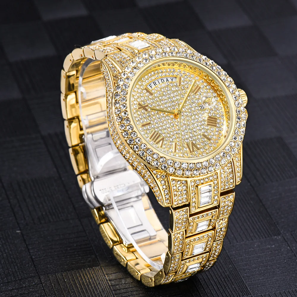 Hip Hop Watches for Men Iced-Out Bling Diamond Luxury Quartz Watches with  Date