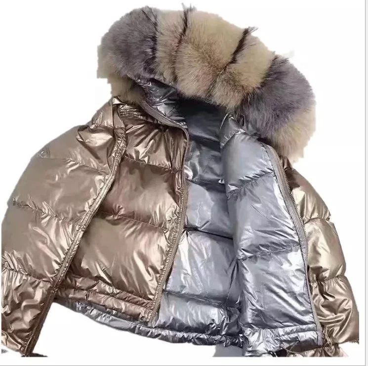 Down Bubble Coats Shiny Womens Wholesale Custom Big Real Fox Fur Trimming  Hooded Puffer Jacket