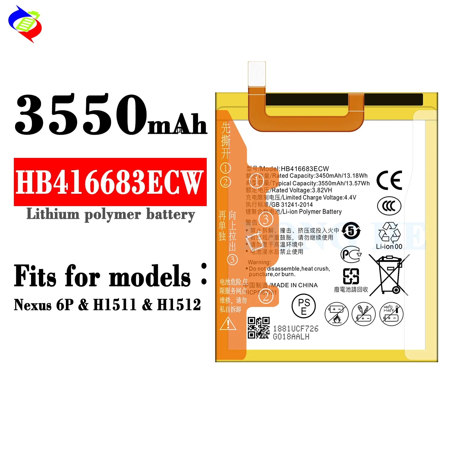HB416683ECW Battery for Huawei Nexus 6P Rechargeable
