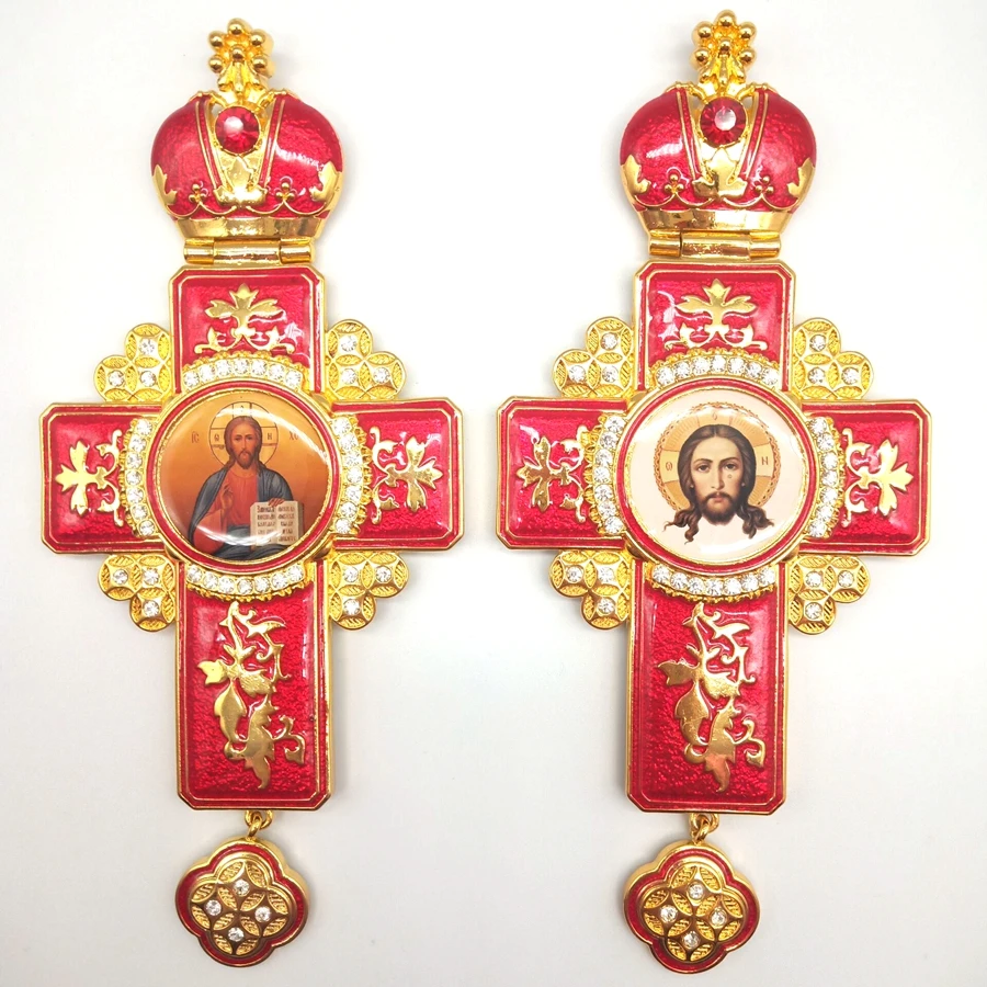 Transparent Red Enamel Craft on Orthodox Bishop Top Ranking Pectoral Cross Necklace for Church Prayer