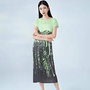 Miyake High Quality Women's Casual Style Dress Loose Short Sleeve Pleated Elastic Printed Dress With Natural Waistline