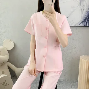 Cheap Knitted Nursing Scrubs Split Set Women Short Sleeve Summer Thin Collarless Blue Oral Dental Hospital Scrubs Uniform Set